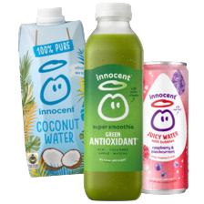 Innocent smoothie fles à 300/750 ml,
kokoswater pak à 500 ml
of juicy water with bubbles blik à 330 ml